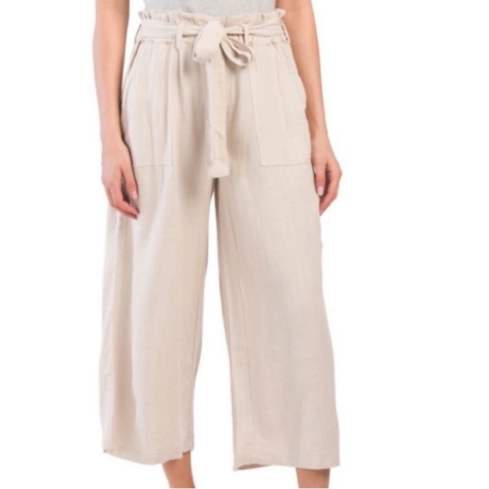 Blank NYC Pants Tan/Beige Wide Leg Linen Blend Cropped Belt/Tie Elastic Waist XS